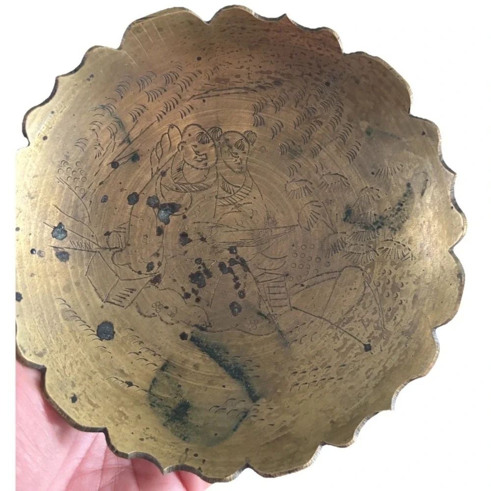 Vintage Solid Brass Compote With Etching 5 5/8